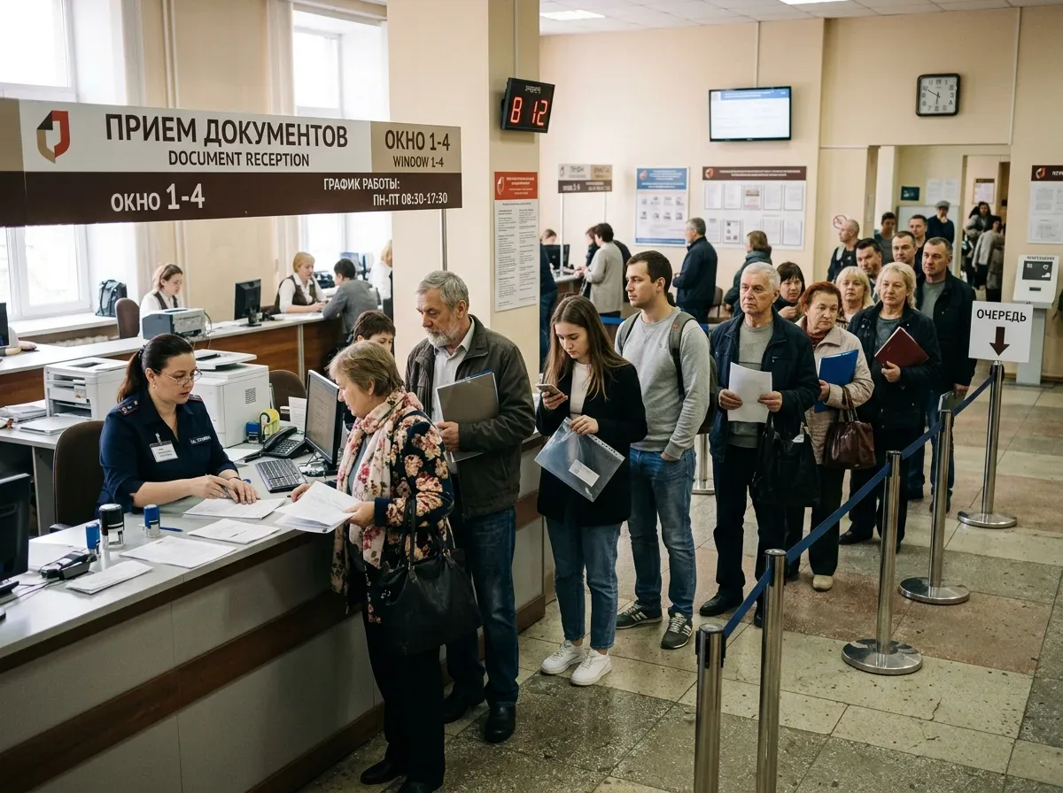 очередь граждан у стойки приёма документов в государственном учреждении